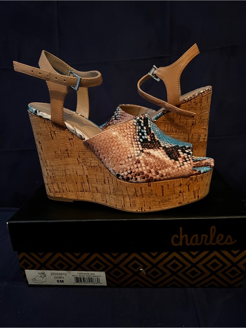 Charles david  Tan and Multi Snake-Print Cork Wedge Sandals